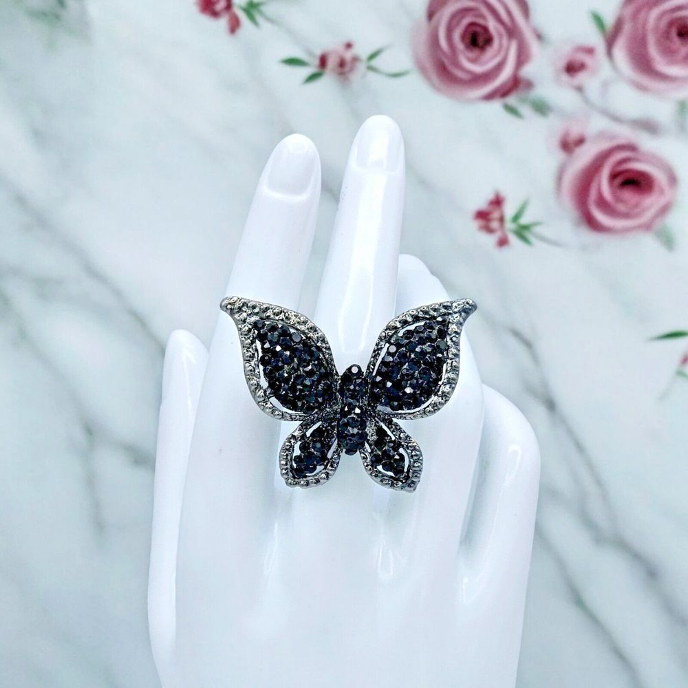 Butterfly Statement Ring Vintage Black Rhinestone Insect Glam Costume Jewelry